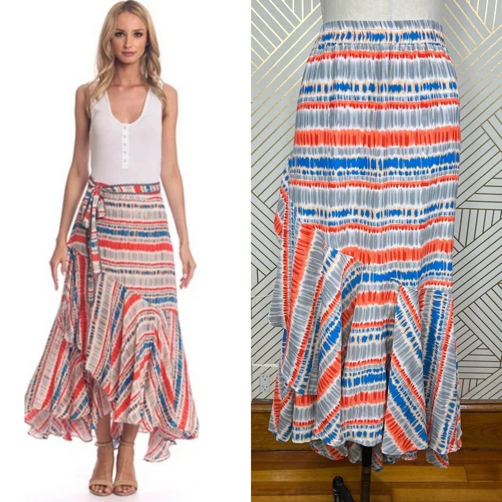 Tolani Miri Tiered Wrap Maxi Skirt in Red‎ Orange Blue Size US Small